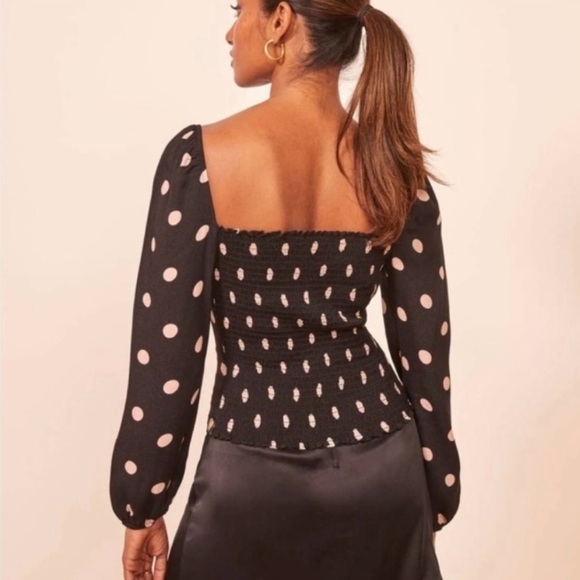 Reformation Black and Baby Pink Polka Dot Long Sleeve Blouse - Picture 6 of 8